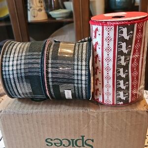 Three rolls of Traditional Festive Plaid and Reindeer Wire Edge Ribbon